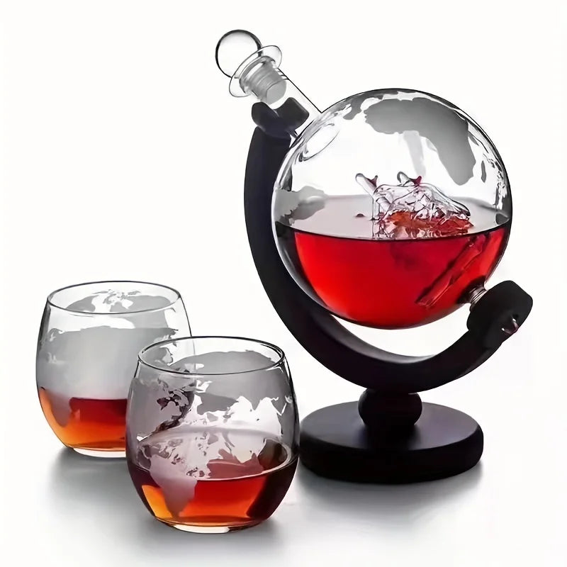 Globo decanter de Vidro com Suporte de Madeira e 2 Copos CasaMorale