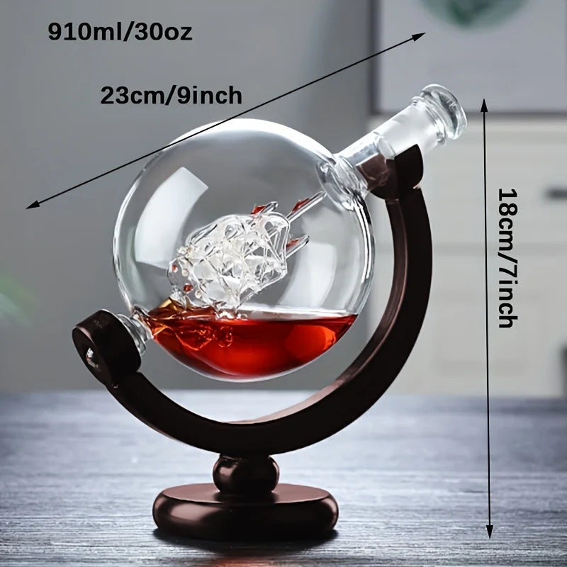 Globo decanter de Vidro com Suporte de Madeira e 2 Copos CasaMorale